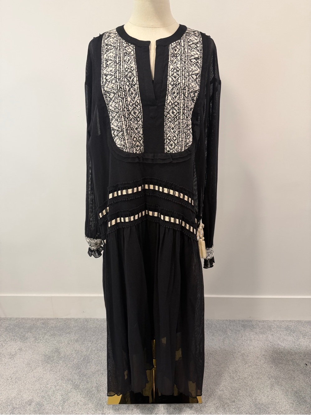 Zara Black Maxi Dress with White Embroidered Bib